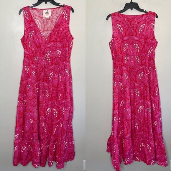 FIGUE Dress Womens Large Pink Cotton Sleeveless Indira Maxi Cinch Waist Pockets - Picture 1 of 12
